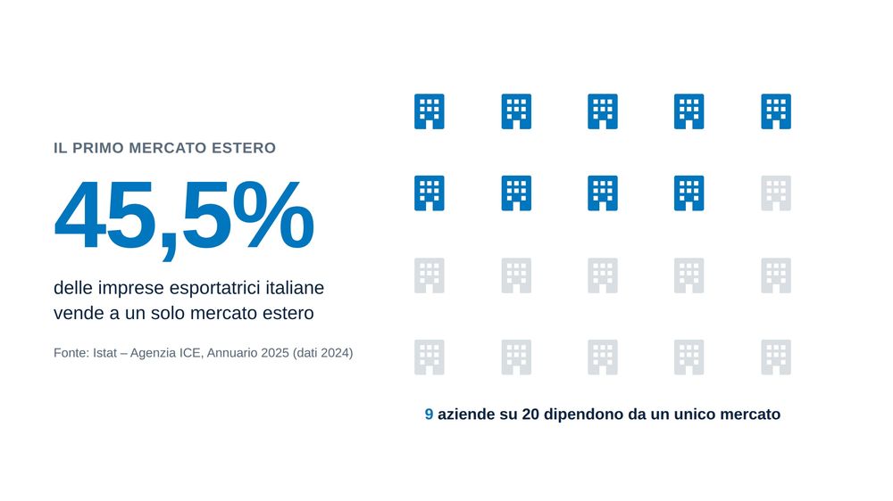 Grafico 1 — Quota di imprese esportatrici italiane attive su un solo mercato estero (Istat-Agenzia ICE, 2024).